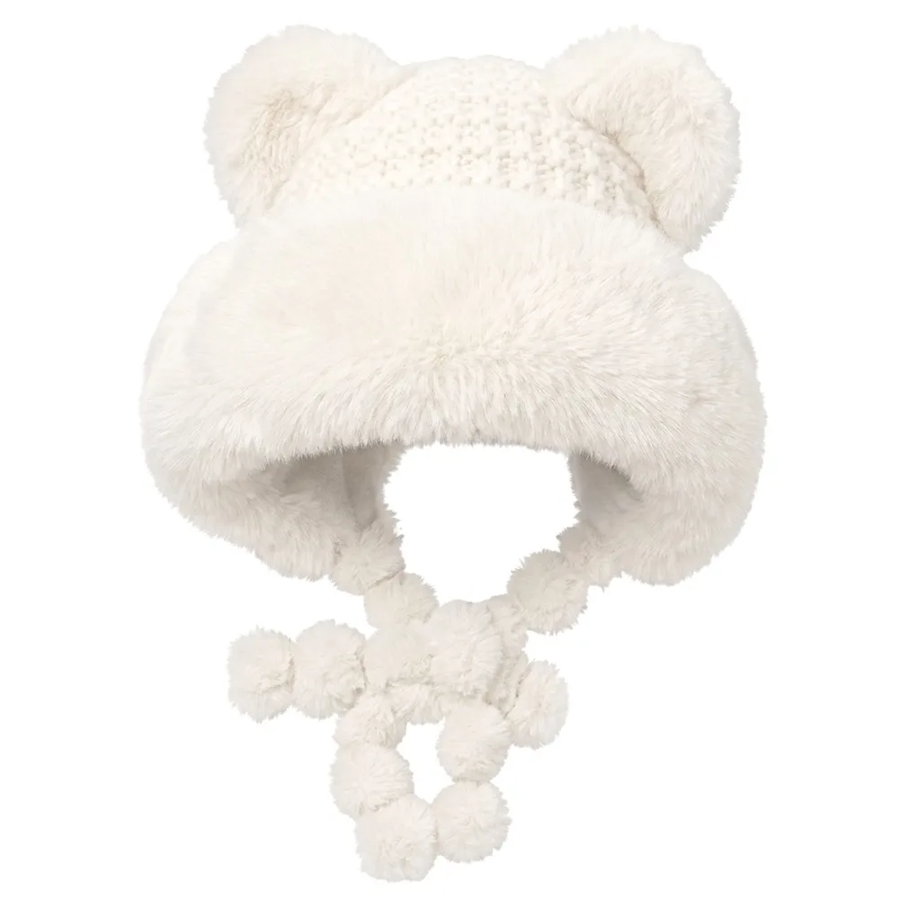 Nouveau Chapeau d'Hiver Chaud et Épais avec Oreilles d'Ours, Pompon, Fausse Fourrure, Cache-Oreilles Tricoté, Chapeau de Ski Coupe-Vent d'Hiver