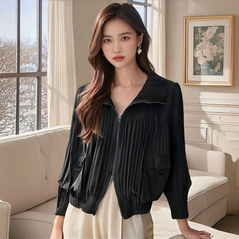 

Miyake Pleated Spring/Autumn Jacket Women's Fashion Pleated Zipper Shirt Bread Coat Elegant and Versatile Top High-end Outerwear