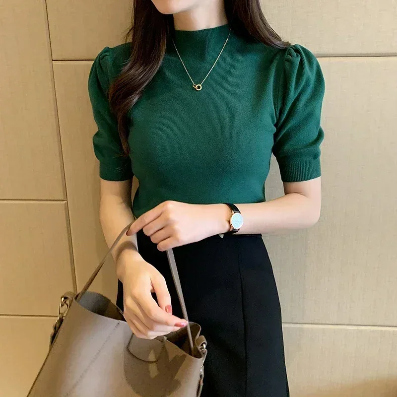 Short Sleeved Shirt Women's Summer 2024 Spring Tank Knitwear Women's Half Turtleneck Bottoming Sweater Thin Knit Shirt 18848