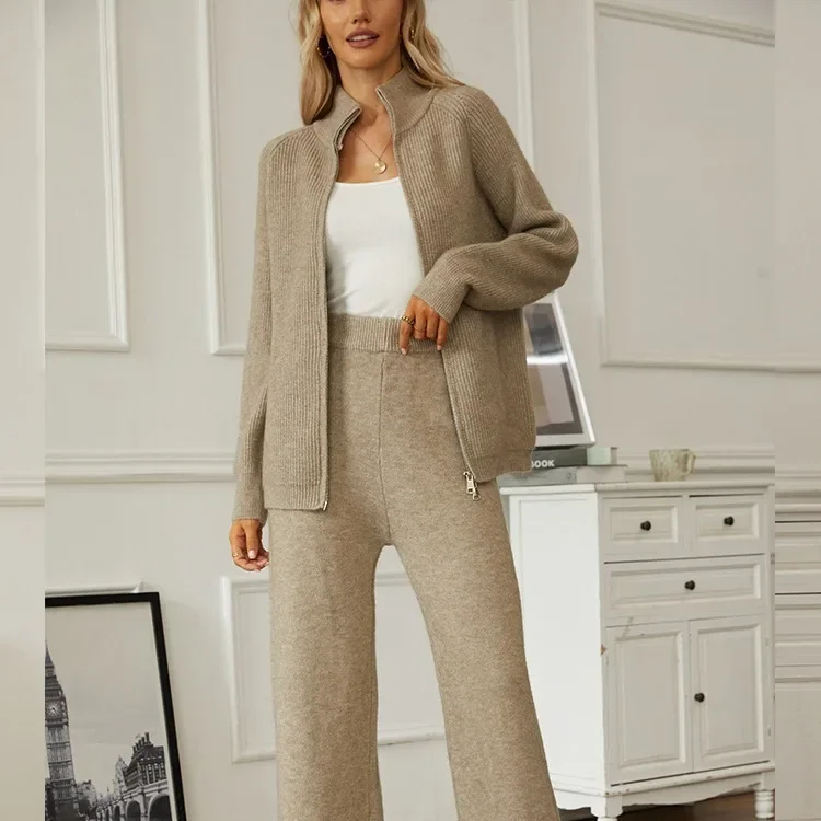 Women Two Piece Sets Full Sleeve Coats Zipper Knitted Sweaters Solid Wide Leg Long Pants Set Autumn Winter 2023 Loose Casual