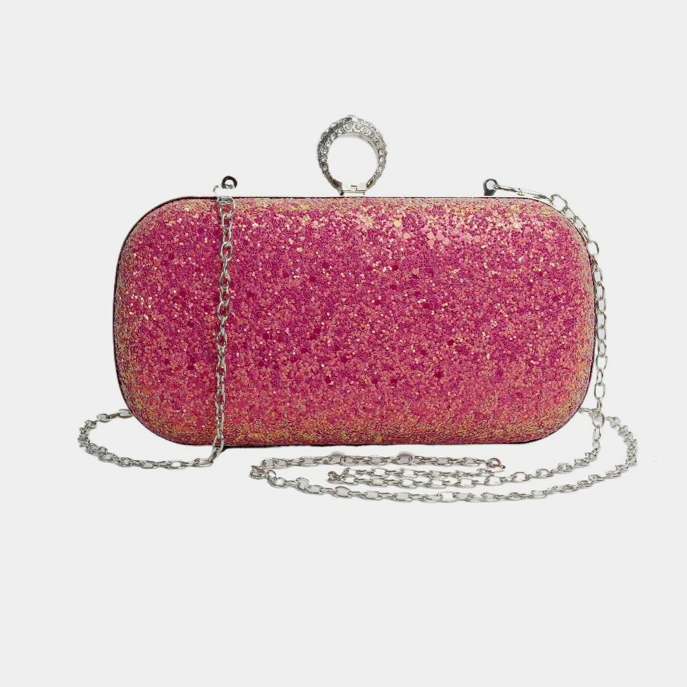 

Women's Glitter Evening Clutch Bag Pink Sequin Rhinestone Ring Buckle Bridal Wedding Purse with Detachable Chain for Party Prom