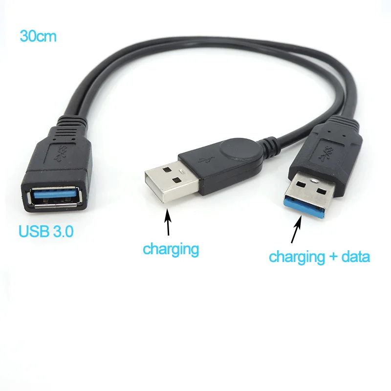Black USB 3.0 Female To Dual 2 USB Male with Extra Power Supply Data Y Extension Cable Cord for 2.5' Mobile Hard Disk A7
