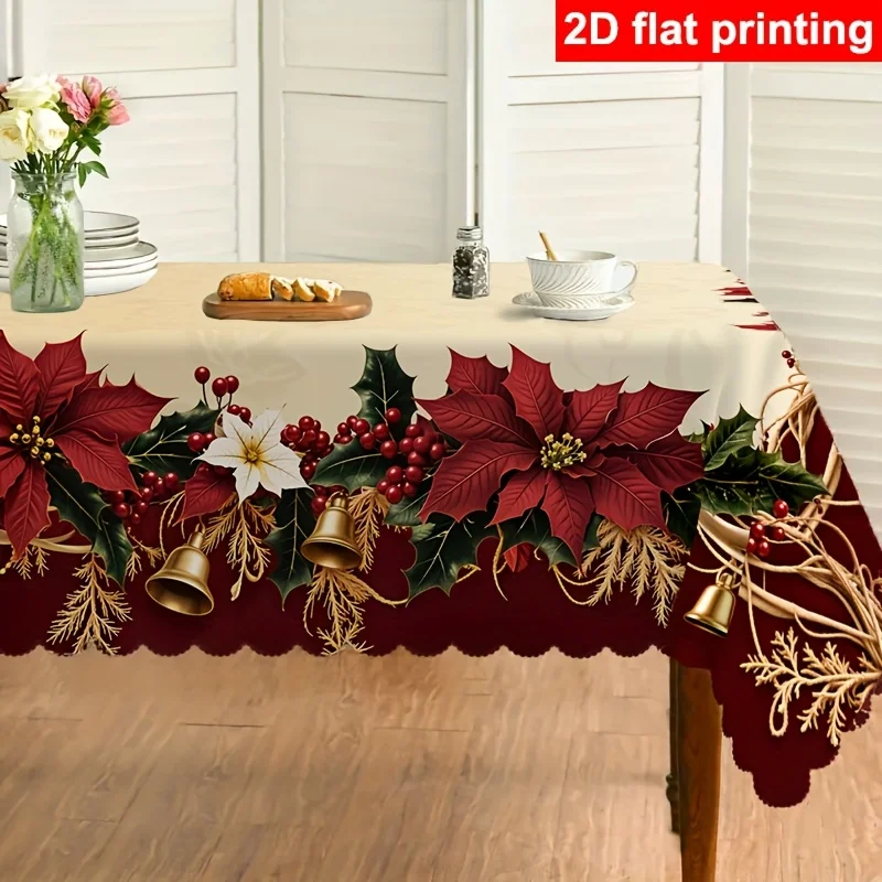 VIKAMA Burgundy Poinsettia Bell Tablecloth Cream Rectangle Table Cover for Christmas Winter Dining Table Decor Gathering Party