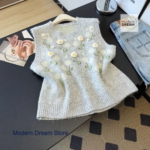 

French style grey three-dimensional flower sweater vest vest women's autumn and winter plus size loose casual sleeveless top