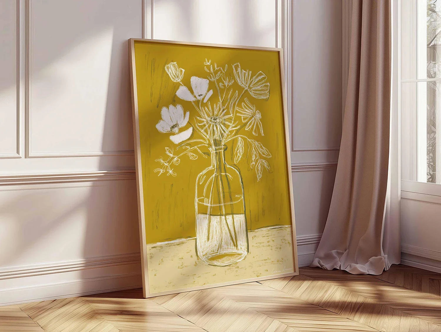 Frameless Canvas Painting Floral Line Drawing Print, Minimalist Botanical Wall Art, Mustard Yellow Poster, Scandinavian Home Dec