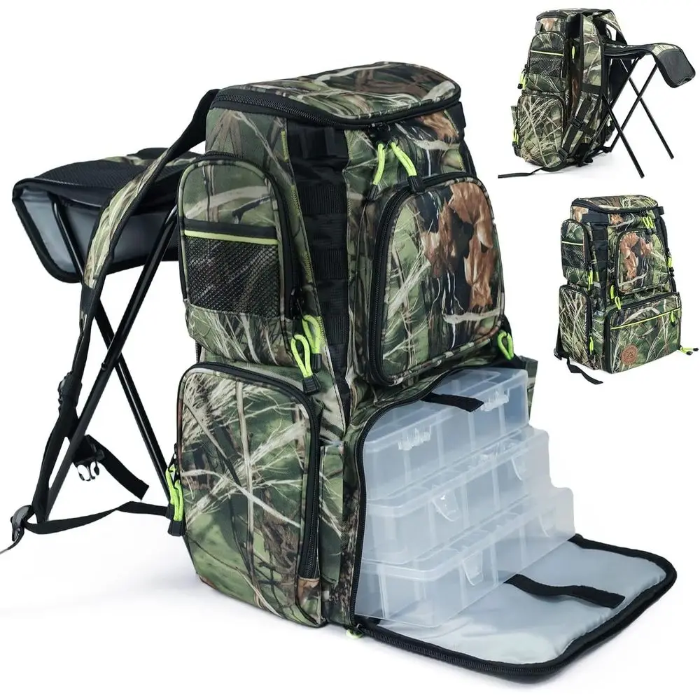 

Folding Fishing Backpack Tackle Box with Rod Holder and Chair, Ideal for Outdoor Adventures