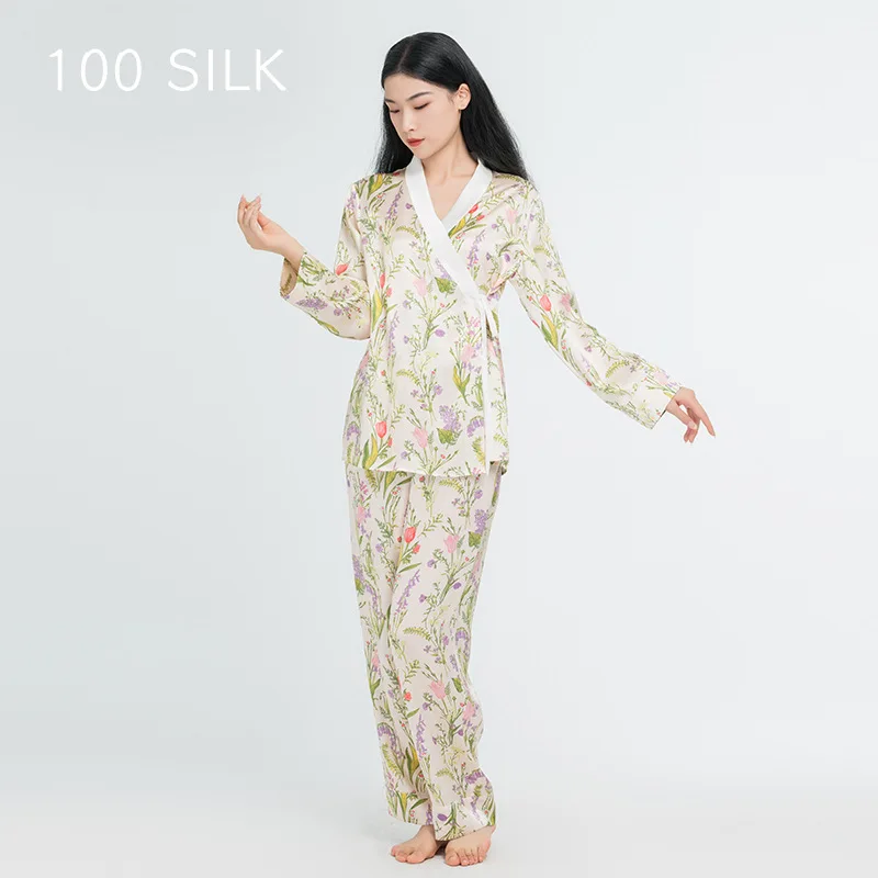 

Lady New Chinese Style Pajamas Set Homewear 100% Silk Sleepwear Long Sleeve Nightwear Print Flower Pyjamas 2Pcs Outfit 19Mm