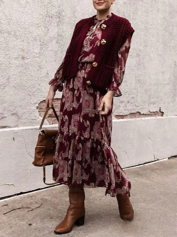 KONDALA Abito lungo in chiffon con stampa floreale rossa vintage Manica lunga O Collo con volant Abito ampio Moda 2025 Abito Boho primavera autunno