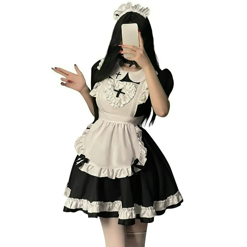 Sweetheart Maid Cosplay Costume, Classic Japanese Lolita Maid Dress with Apron Headwear for Anime Conventions and Cosplay Events