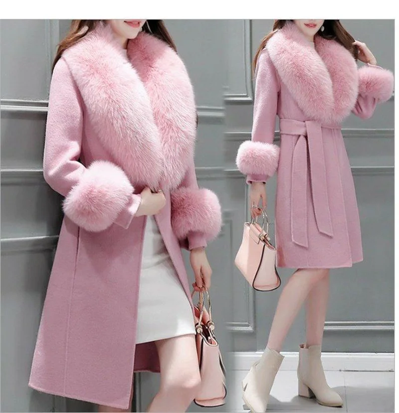 2023 Winter Jacket Women Long Natural Wool Blends Cashmere Real Fur Coat Double Breasted Belt Warm Streetwear New Fashion