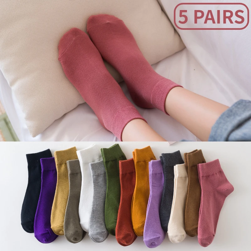 5 Pairs Ankle Socks for Women Crew Long Breathable Casual Cotton Black White Fashion Solid Colors Spring Autumn Calcetines