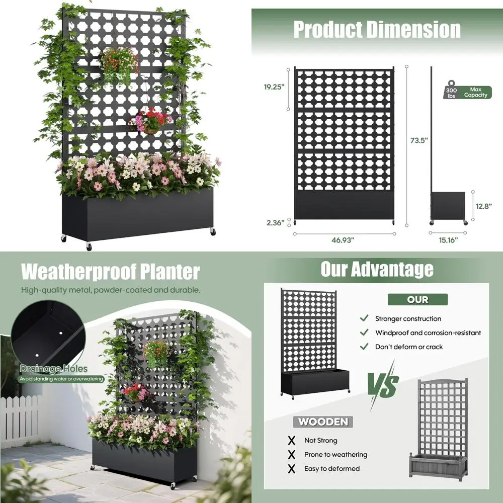 

Raised Garden Bed with Dots Trellis, Metal Planter Box for Patio Privacy, Wheeled Privacy Planters