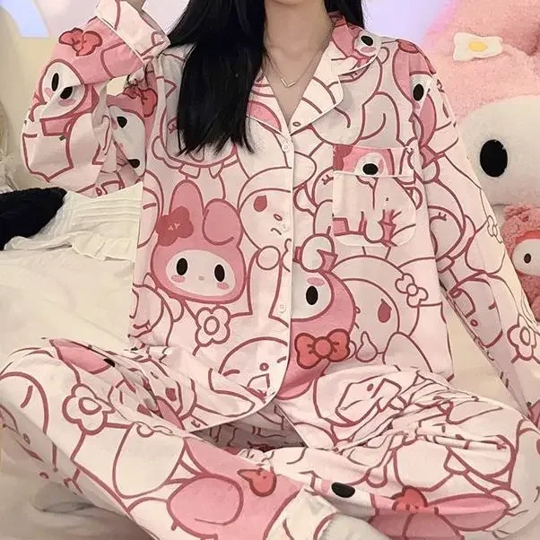 Sanrio Hello Kitty Kuromi Sweet Casual Pyjama Set for Women Spring Autumn Oversize New Matching Pajamas Cute Clothes Xmas Gifts