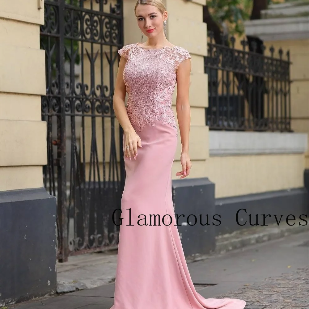 Customized Pink Mermaid Train Mother of Bride Dress Satin Jewel Cap Sleeve 3D Lace Rhinestone Bridal Party Formal Occasion Gown