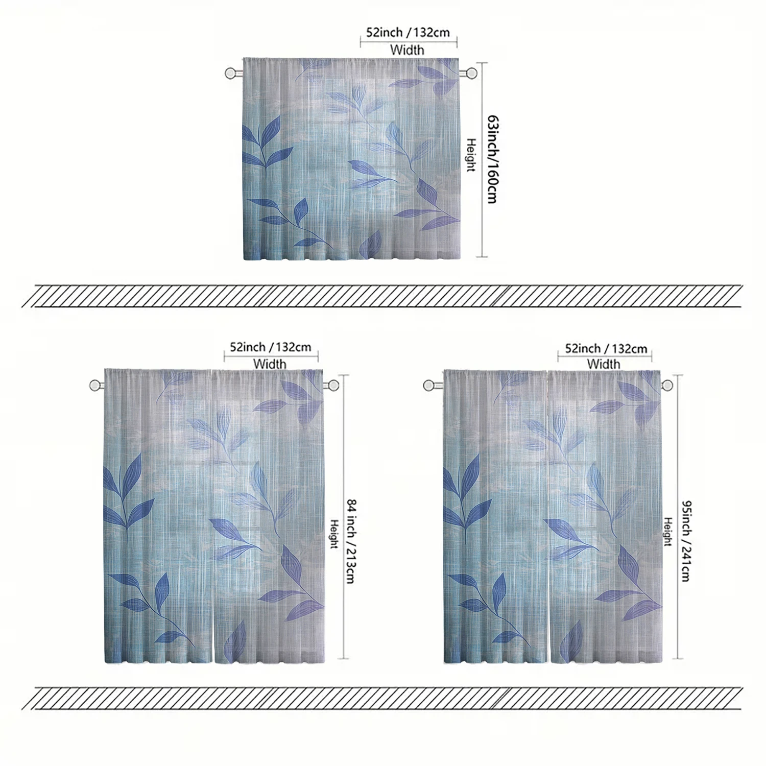 2 Pieces HD Digital  Geometric Blue Leaves Printed Window Screen Home Decor Style Decoration Living Room Bedroom Rod