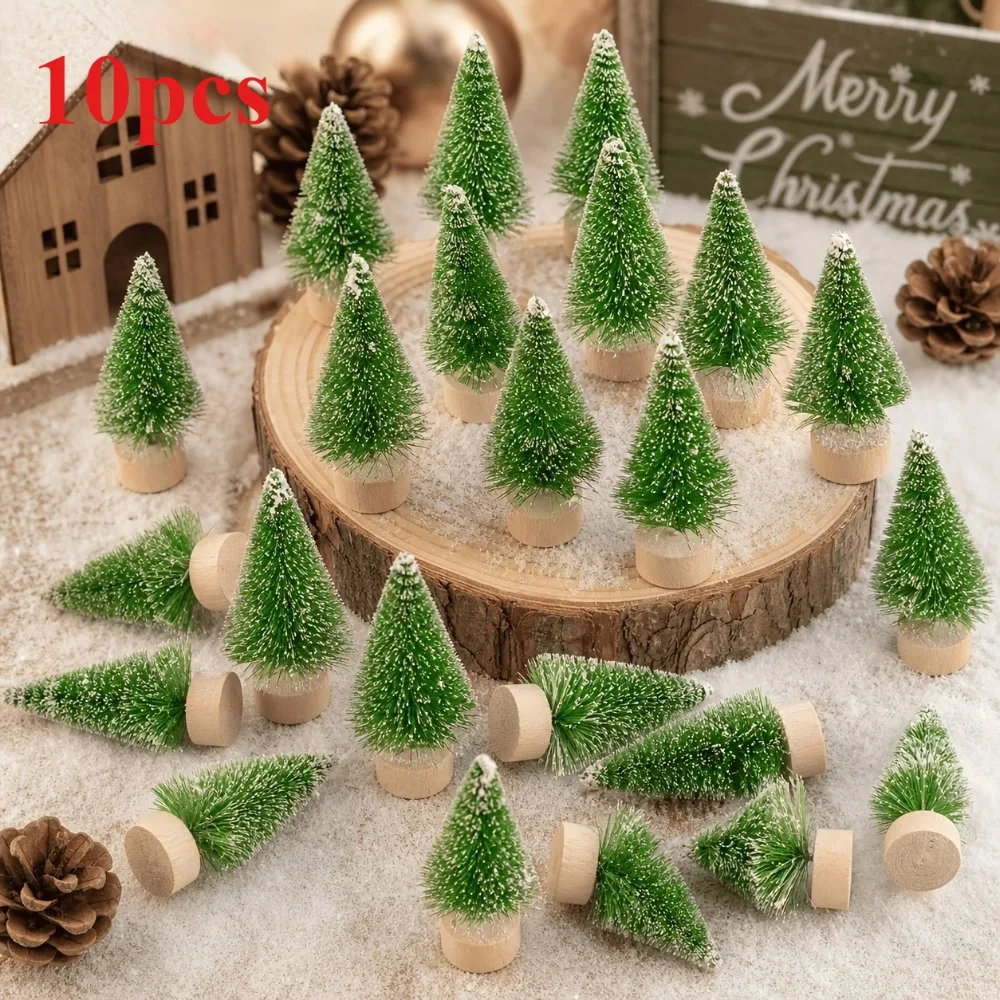 10Pcs Mini Christmas Trees, Artificial Snow Sisal Bottle Brush Trees with Wooden Bases, Tabletop Holiday Home Decor
