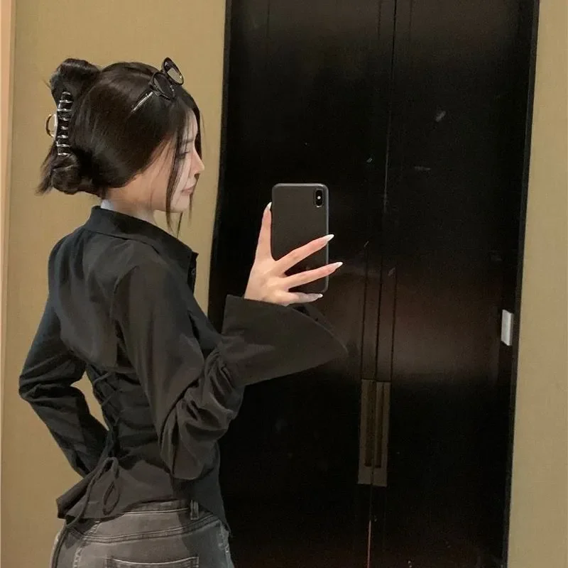 

Ремешок с длинными рукавами, новая рубашка на шнуровке, облегающая талию, шикарный дизайн, тонкий топ