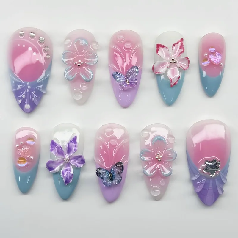 24pcs Flower Butterfly Press on Nails Gradient Pink Purple Almond Fake Nail with Diamond Design Fantasy French Tips False Nails