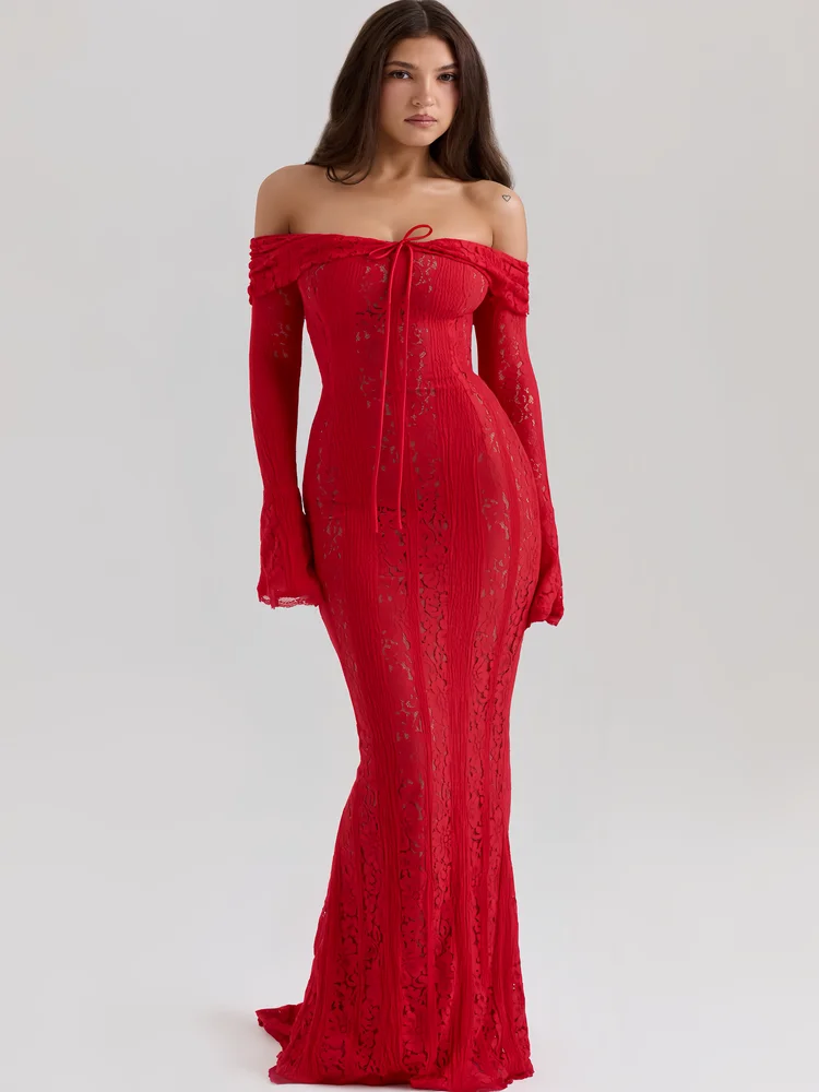 

Rum Red One-Shoulder Gown Elegant Waist-Cinching Slimming Evening Birthday Ball Gown High Waist Long Sleeve Floor-Length Dress