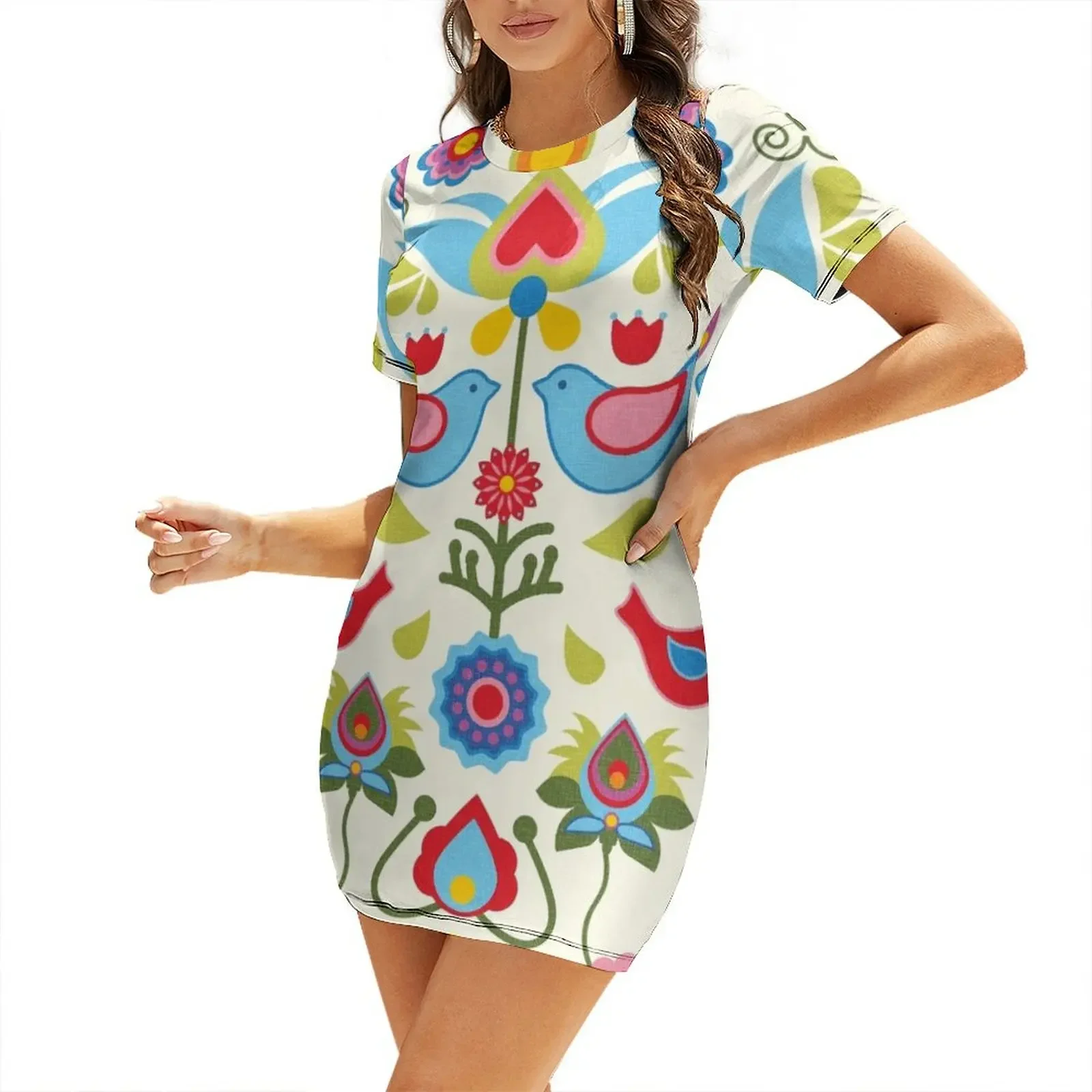 

Scandinavian folk art birds and blooms Short-Sleeved Dress prom dress 2025 Women dresses summer womens dress