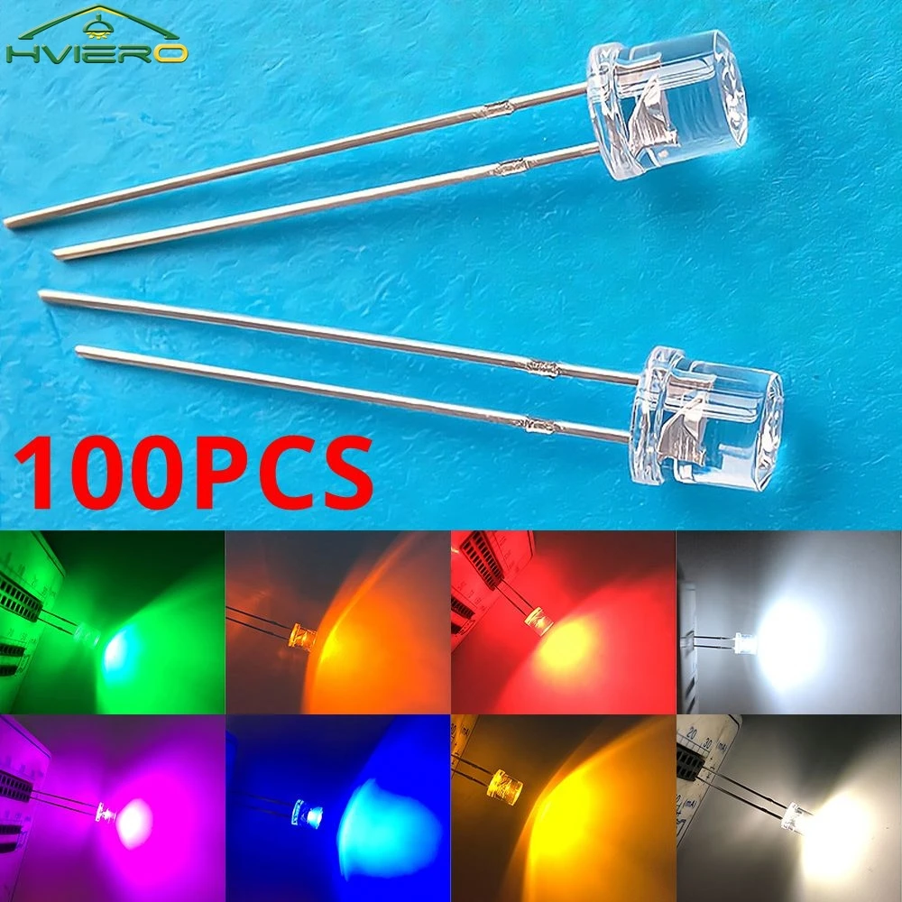 

100 шт. мин. F5 5 мм с плоским верхом, белый, красный, розовый, желтый, синий, широкоугольный светодиод, прозрачный светодиодный шарик, ультра яркая лампа для измерения лампы накаливания