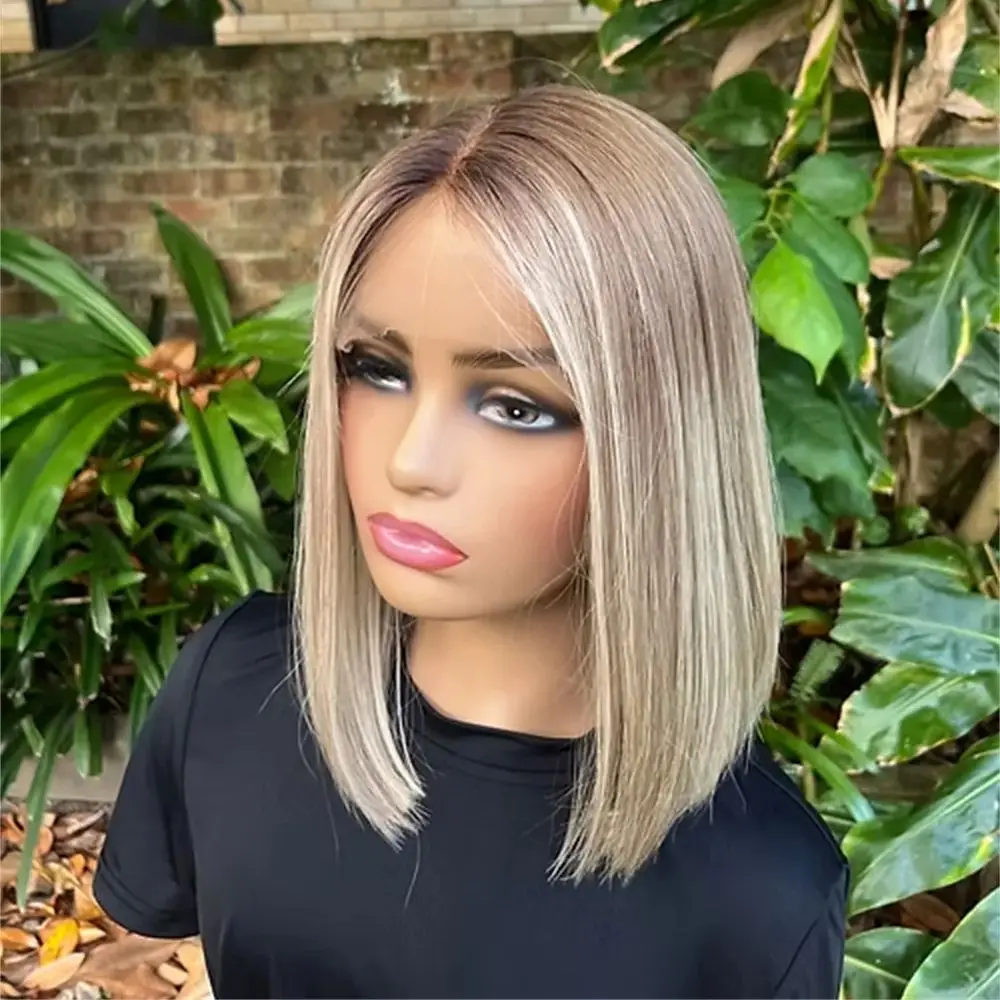 

Women Wigs for Daily Use Natural Lace Front Wigs Synthetic Futura Soft Wig Short Bob Straight Wig Ombre Ash Blonde Dark Roots