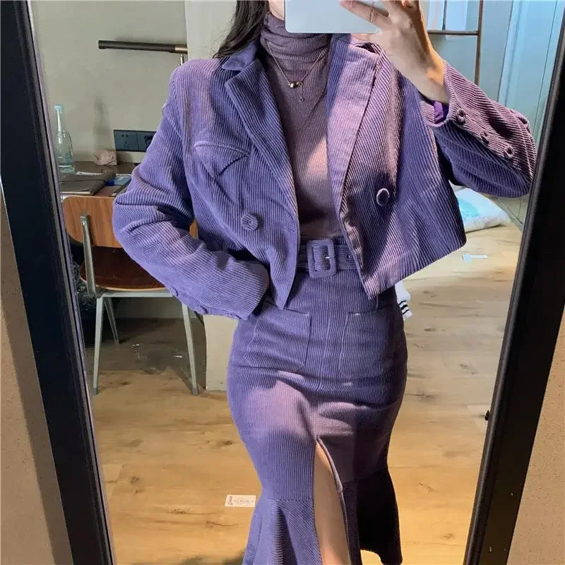 

Women Two-piece Purple Dress sets Casual Long Sleeve Blazer+ Split Trumpet Skirt Office Lady Spring fall solid Suits Coat Jacket