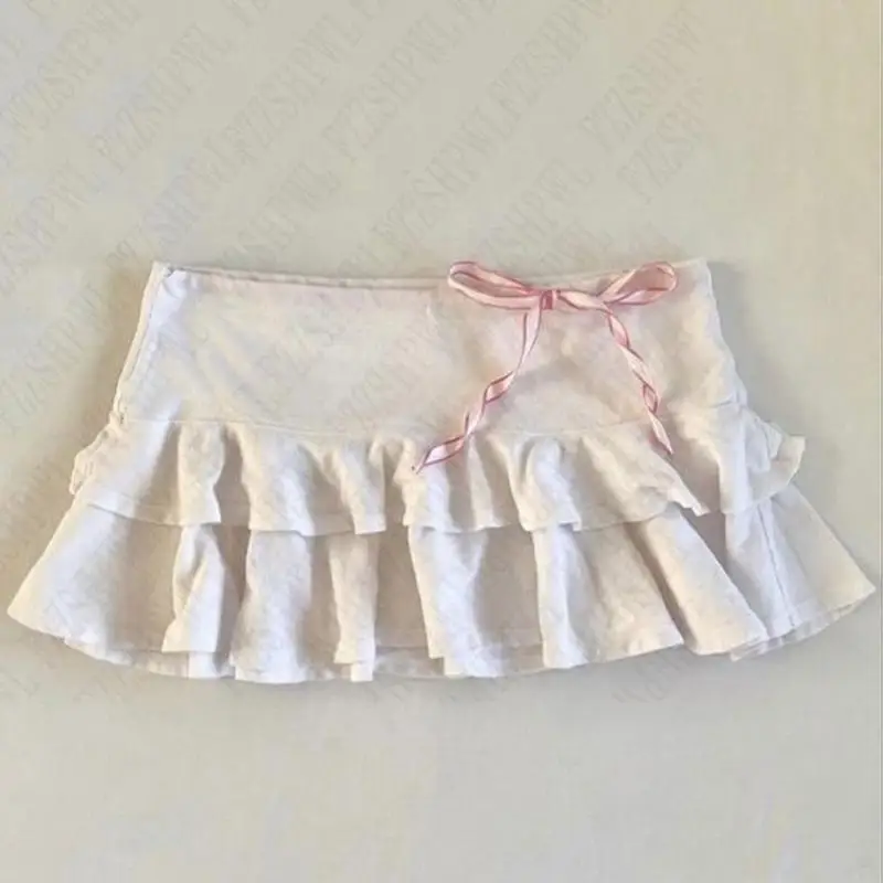 Y2K Fairy Sweet Ballet Style White Cake Skirt Bow  Ruffle Edge Design Women's Desire American Fashion Hotsweet Preppy Style Girl