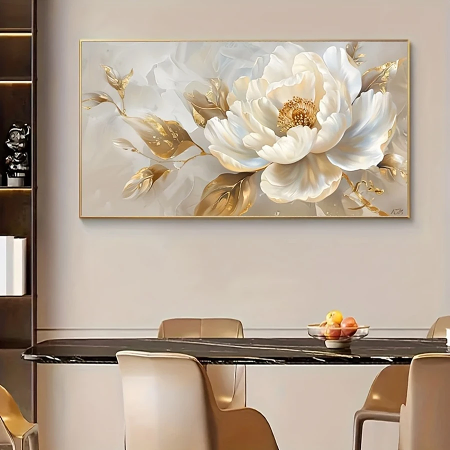 Elegant Modern Abstract Camellia Canvas Wall Art Posters, Frameless Botanical White Flower and Gold Leaf Painting, Perfect for E