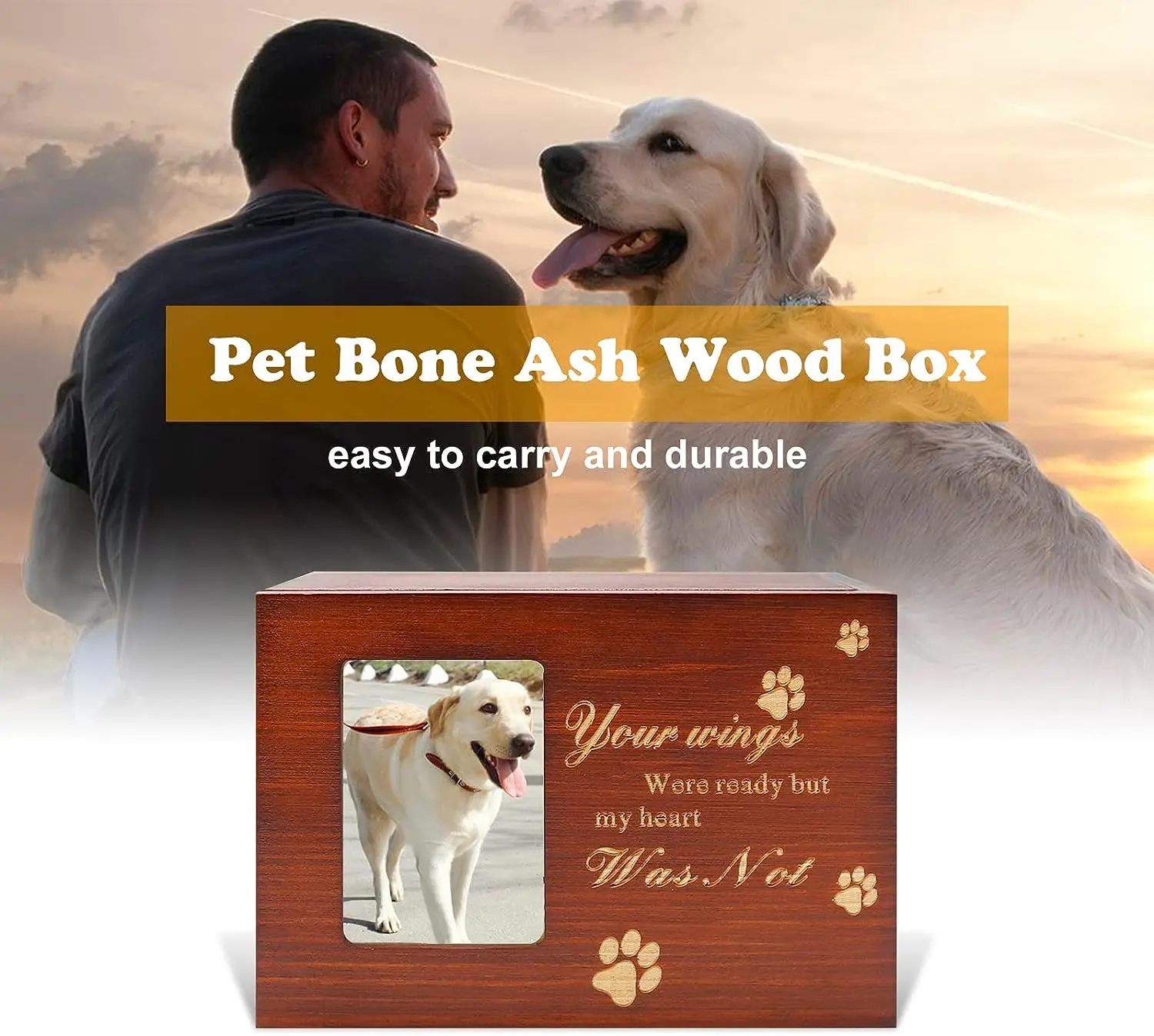 Pet Urn Memorial Picture Frame, Bone Ash Wood Box for Dogs and Cats, Funeral Memorial Keepsake