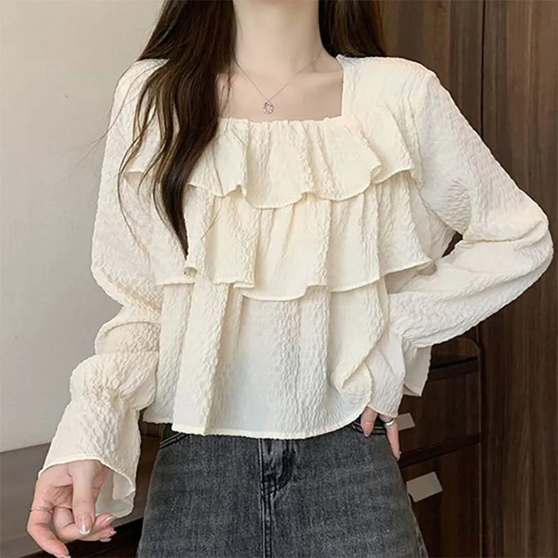 Fashion Square Collar Spliced Folds Ruffles Blouses Women\'s Clothing 2023 Autumn Winter Loose Sweet Tops Flare Sleeve Shirts