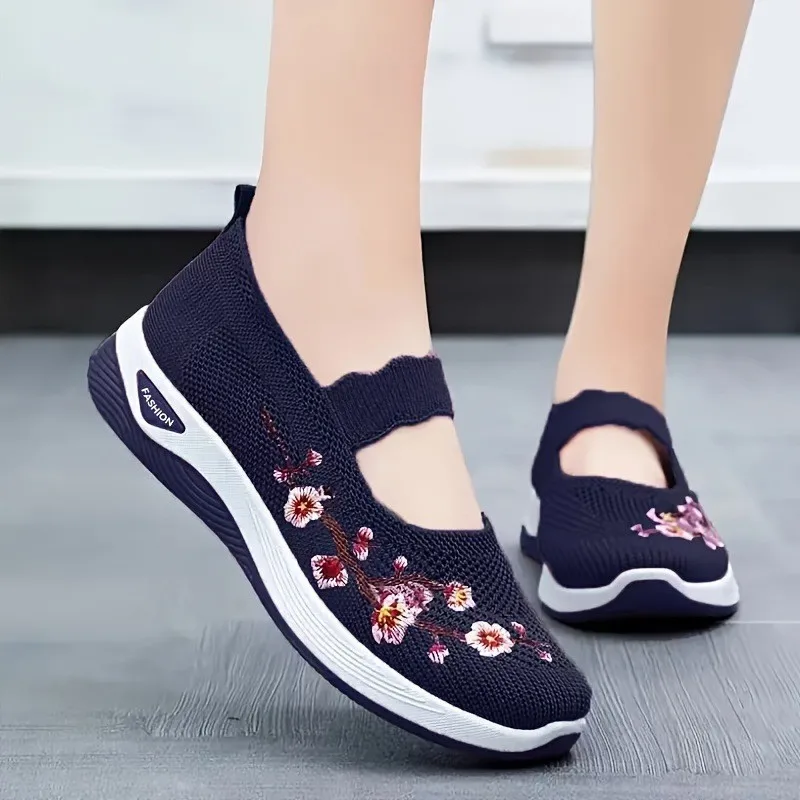 Pflaumenfarbene Mary-Jane-Slipper mit Blumenstickerei, Keilabsatz, atmungsaktiv, rutschfest, weiche EVA-Einlegesohle, niedriger Absatz, für den Alltag – Detail 7