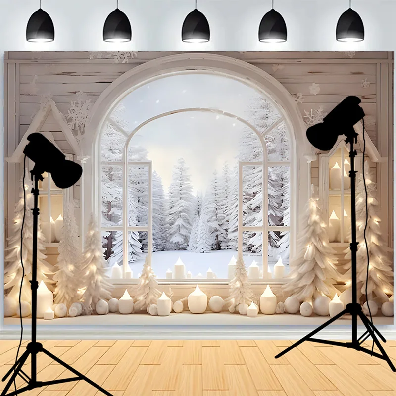 Winter Snow Window Christmas Day Background Fireplace Living Room Decoration  Family Party New Year Photography Backdrops AG-02