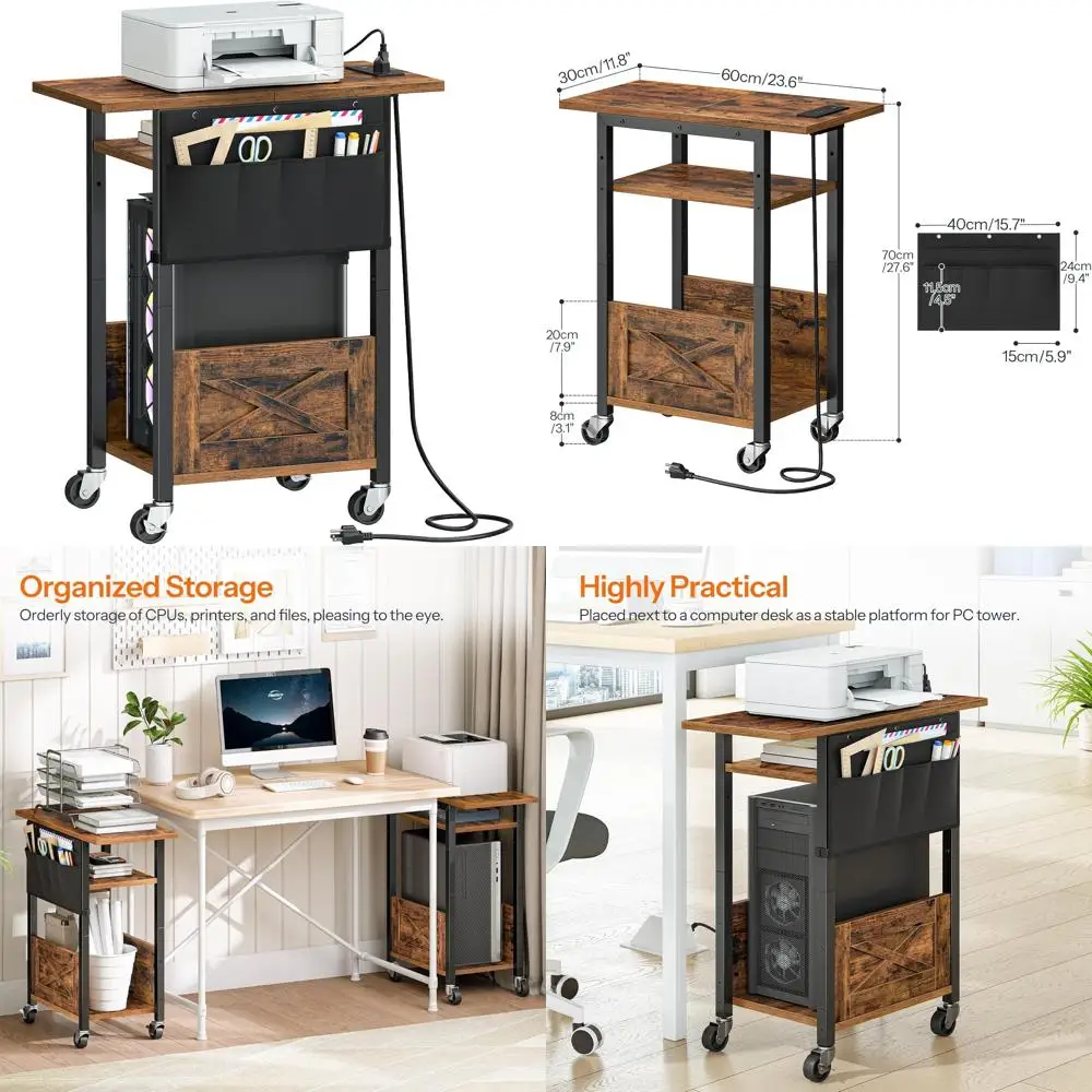 

Adjustable 3-Tier Mobile Computer Tower Stand with Fabric Pocket, Lockable Wheels, and Power Strip for PC Organization