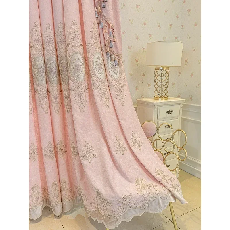 

High-grade Chenille Pink Embroidery Girls High Shading Curtain Window New European Curtains for Living Dining Room Bedroom