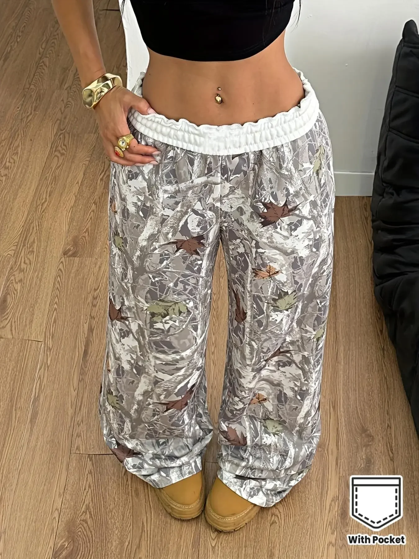 Women's Branch Print Long Pants, Fashion Home Wear, Loungewear and Sleepwear, Comfortable and Trendy, Loose-Fit, All Seasons, Sleepwear Homewear Clothes