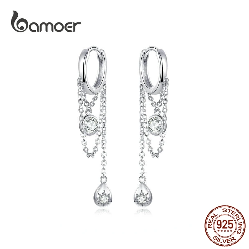 

bamoer Waterdrop Round Geometric Chain Dangle Earrings for Women Sterling Silver Female Fashion Jewelry Orecchini SCE638