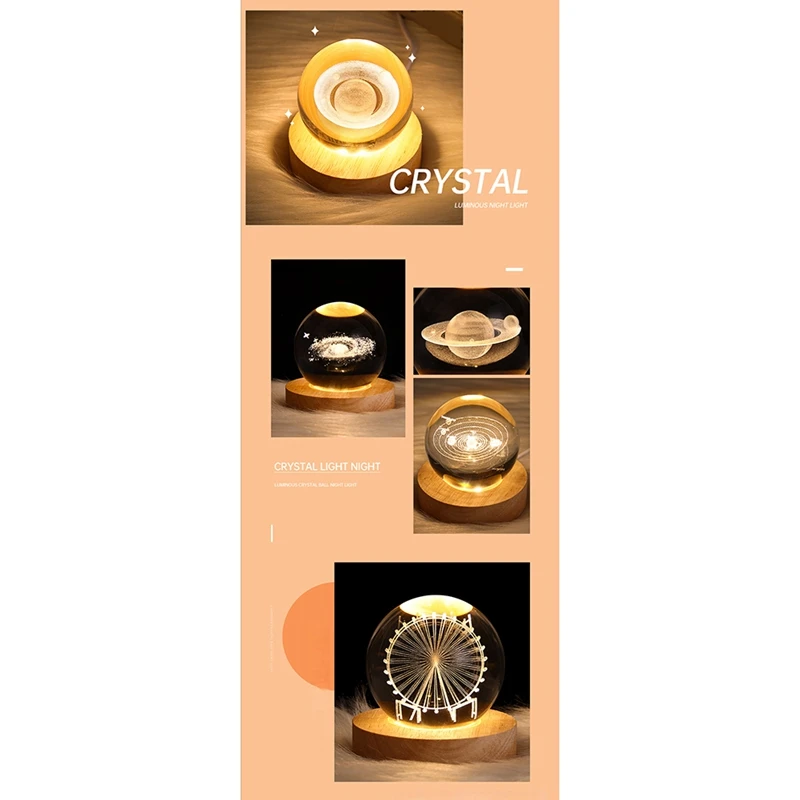 Crystal Ball Night Light With Base LED Table Lamp Lighted Stars Galaxy USB Power Warm Night Light For Kid