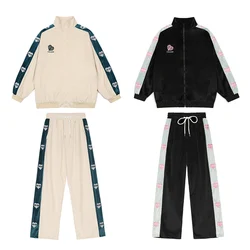 Love Embroidery Contrast Color Stitching Jacket Men Set Fashion Patchwork Pants Loose Long sleeve Jacket+Pant 2 Pieces European