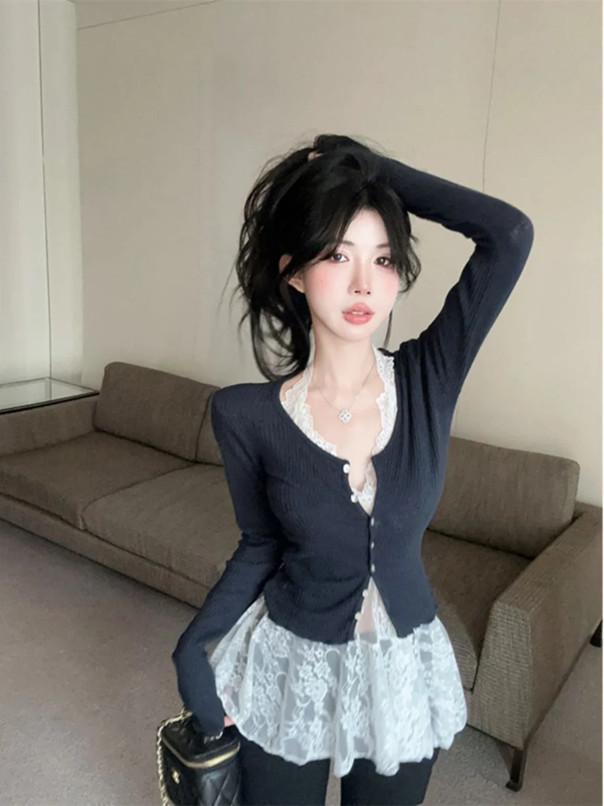 Popular Online Celebri 2024 Base Sweet Gyaru White Lace Hanging Neck Lace Small Cami Dress Women's Fashion