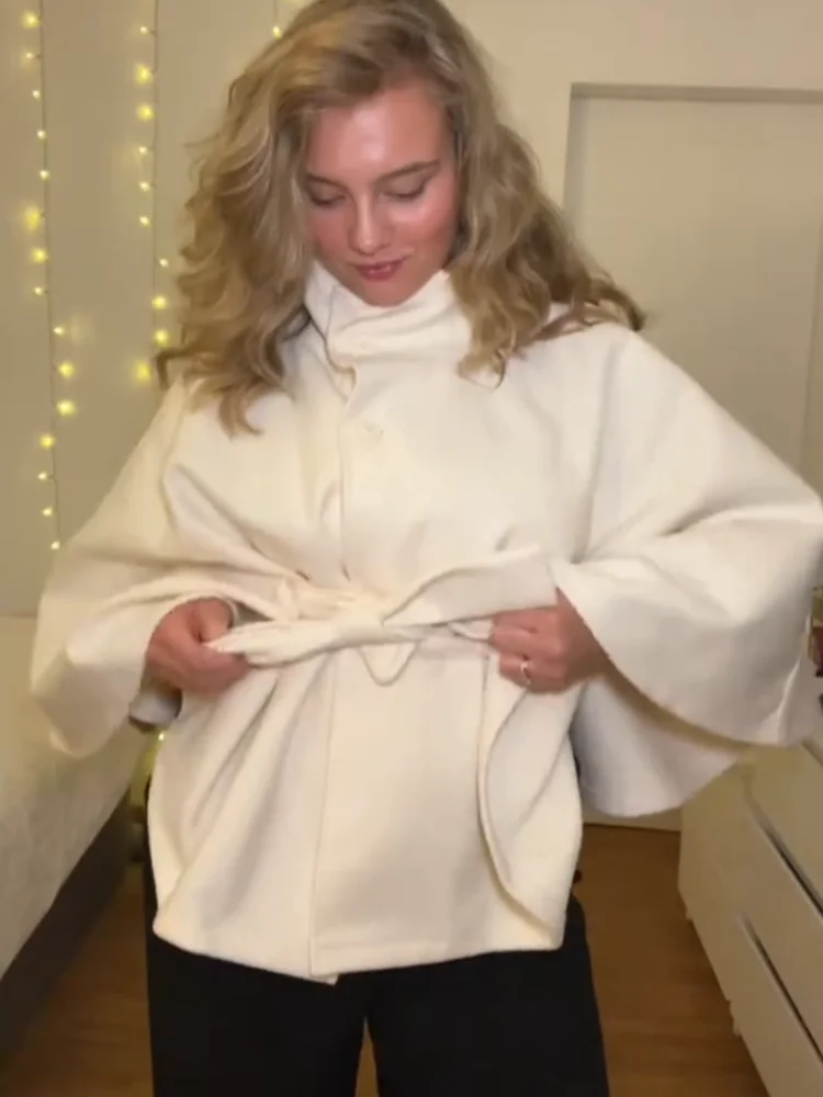 Fashion Women's Lace Up Woolen Cape Coat Loose Stand Collar Batwing Sleeve Button Black Gray Jacket 2025 Autumn Streetwear