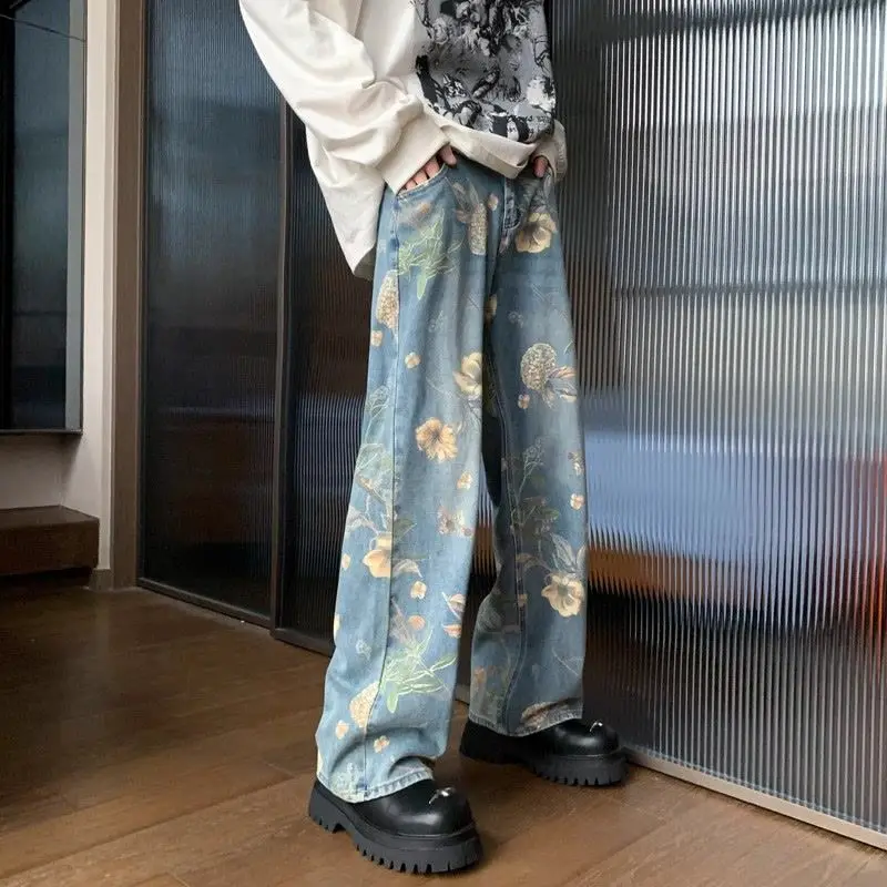 Men's Jeans with Print Trousers Loose Baggy Male Cowboy Pants Retro Cotton New in Stacked Xs Cheap Korean Style Regular Fashion