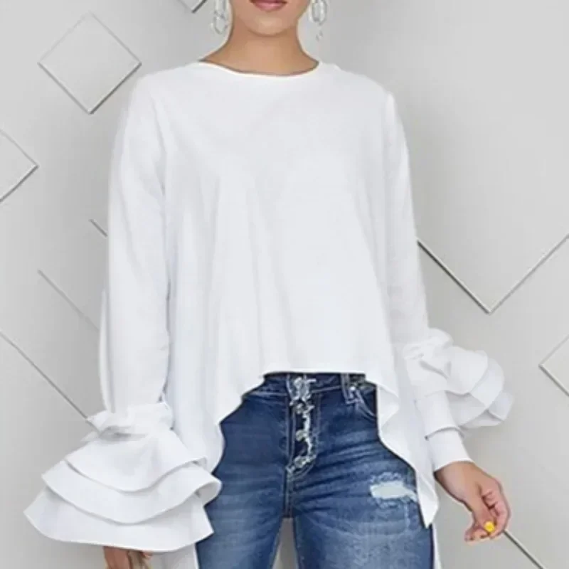 Missuoo Women's Cotton T-shirt Solid White Round Neck Flared Sleeves Extra-long Shirts for Urban Female Autumn Streetwears