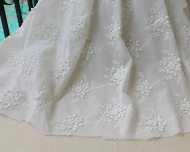 Cotton Fabric Off White 3D Floral Embroidered Wedding Fabric Prom Dress By The Yard