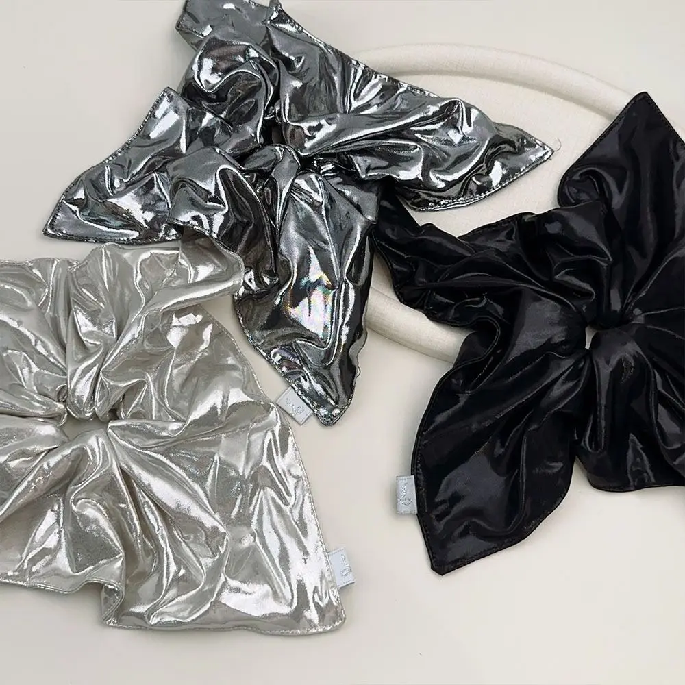 

Oversized Hair Scrunchies High Stretch Silver Black Ponytail Hair Bands Elastic Faux Leather Hair Accessories for Women Girls