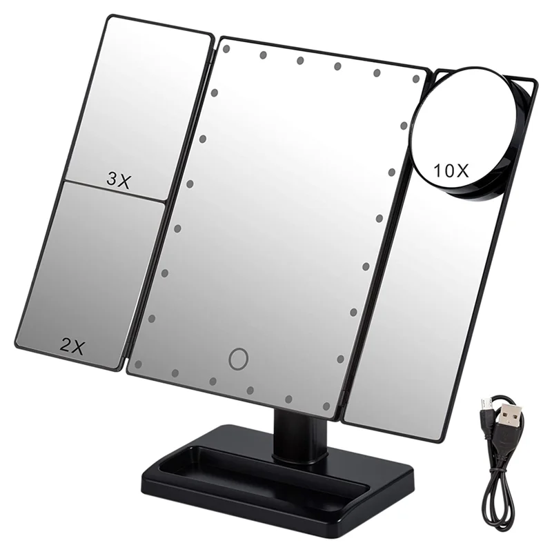 Miroir de maquillage à trois volets avec 22 lumières LED, grossissement 10X/3X/2X, miroir cosmétique de bureau de Table éclairé et pliable Portable