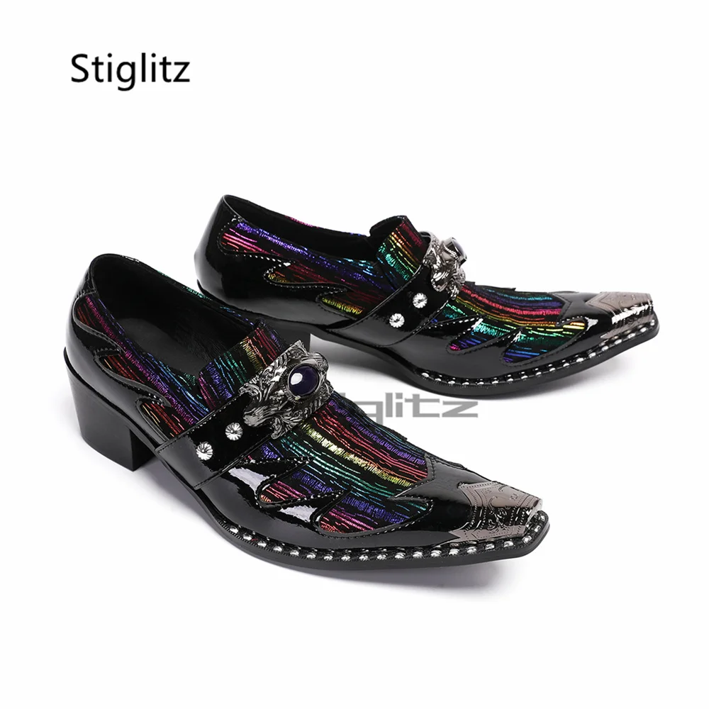 

Men's Totem Patchwork High Heels Loafers Rainbow Stripe Gem Buckle Strap Dress Pointed Metal Toe Genuine Leather Party Shoes