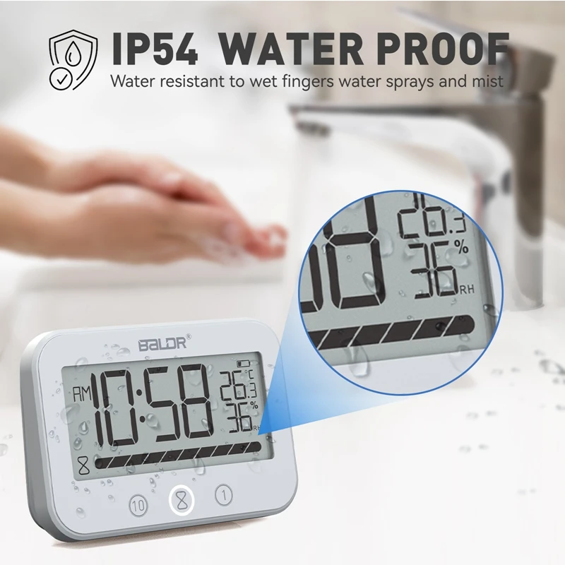 IP54 Waterproof Bathroom Wall Clock Touch Digital Temperature Humidity Meter Shower Kitchen Audible Alarm Clocks Countdown Timer