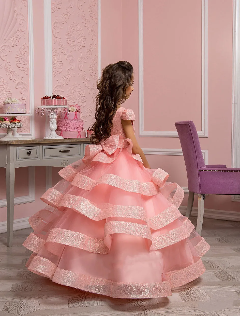 

Layered Pink Tulle Puffy Ruffles Flower Girl Dress For Wedding Floor Length With Bow Party Birthday Gown First Communion Gowns