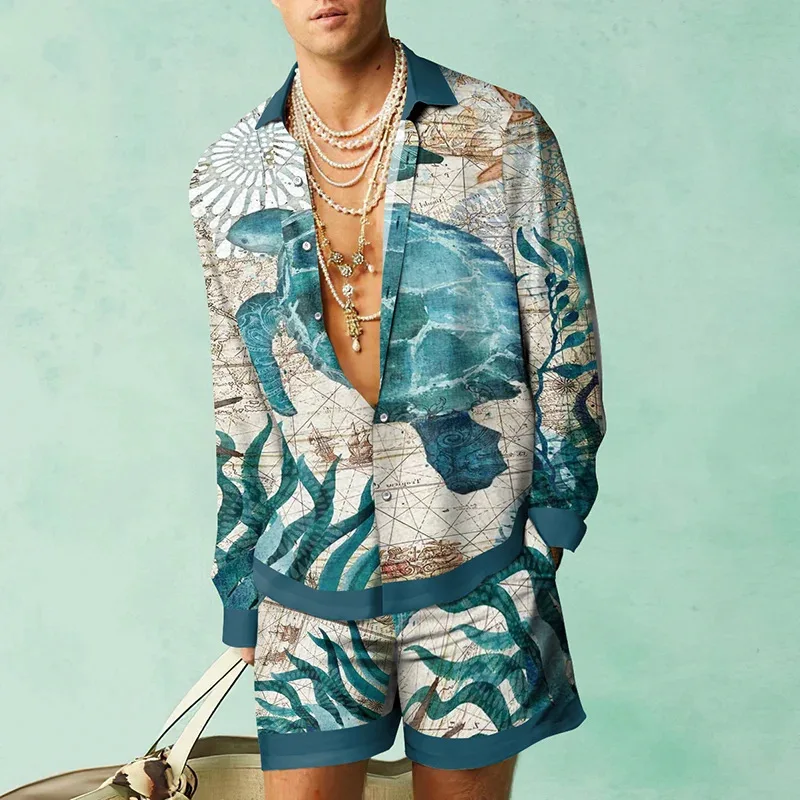 Turtle printed men\'s shirt two-piece set Hawaii quick drying long sleeved shirts set beach shirt casual set outdoor fashion tops